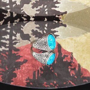 Seine Floral Mens Oval Blue Turquoise Etched Silver Ring Size 8.5 Gift Boxed